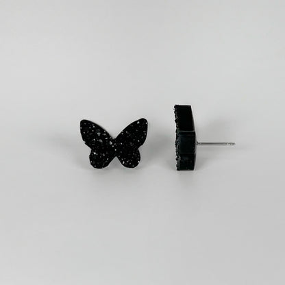 butterfly stud earrings, epoxy resin earrings, epoxy resin stud earrings, black stud earrings, stud earrings, stainless steel earrings, hypoallergenic earrings, crystal earrings, druse earrings, druzy studs, druzy earrings, butterfly earrings, earring gift for her