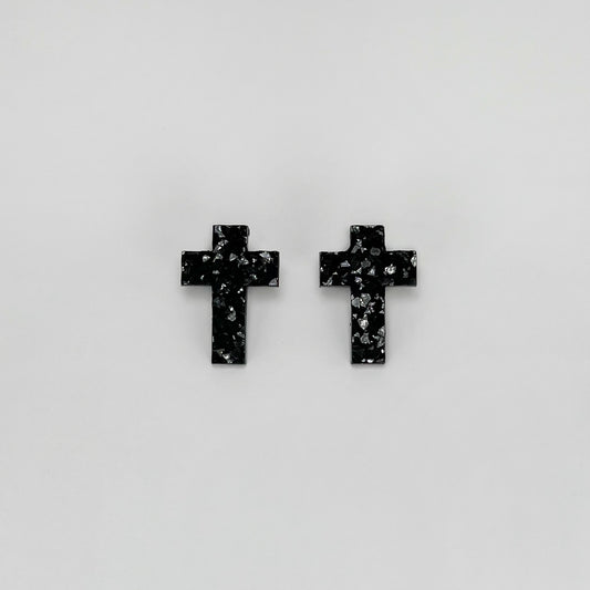 cross earrings, cross stud earrings, sepoxy resin earrings, epoxy resin stud earrings, black stud earrings, stud earrings, stainless steel earrings, hypoallergenic earrings, crystal earrings, druse earrings, druzy studs, druzy earrings, earring gift for her