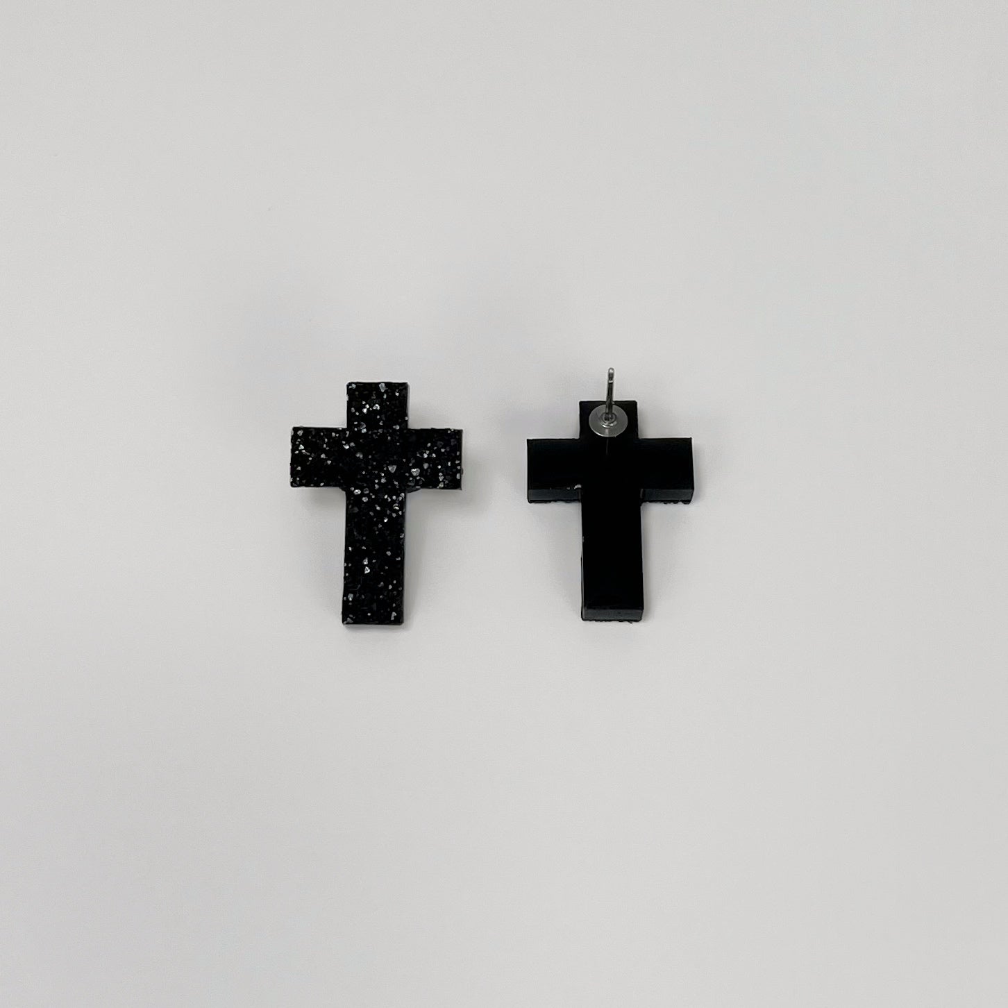 cross earrings, cross stud earrings, sepoxy resin earrings, epoxy resin stud earrings, black stud earrings, stud earrings, stainless steel earrings, hypoallergenic earrings, crystal earrings, druse earrings, druzy studs, druzy earrings, earring gift for her