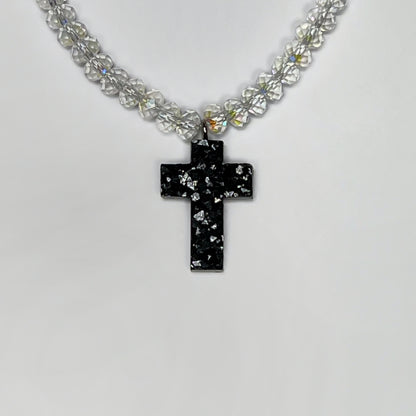 cross necklace, beaded necklace, beaded cross necklace, stainless steel necklace, hypoallergenic jewelry, 
gift for her, cross pendant, resin necklace, resin cross