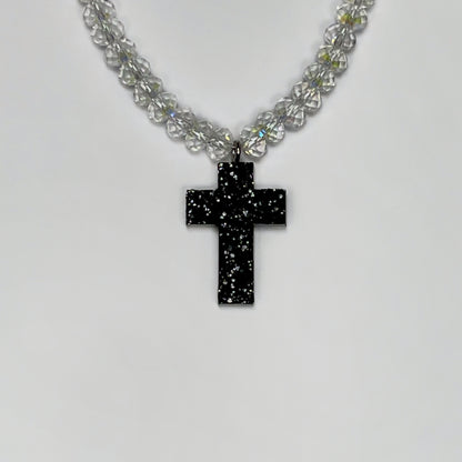 cross necklace, beaded necklace, beaded cross necklace, stainless steel necklace, hypoallergenic jewelry, 
gift for her, cross pendant, resin necklace, resin cross