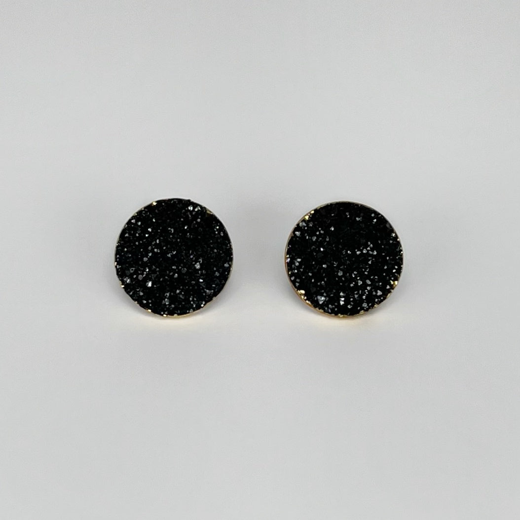 round stud earrings, epoxy resin earrings, epoxy resin stud earrings, black stud earrings, stud earrings, stainless steel earrings, hypoallergenic earrings, crystal earrings, druse earrings, druzy studs, druzy earrings, round earrings, earring gift for her, circle stud earring