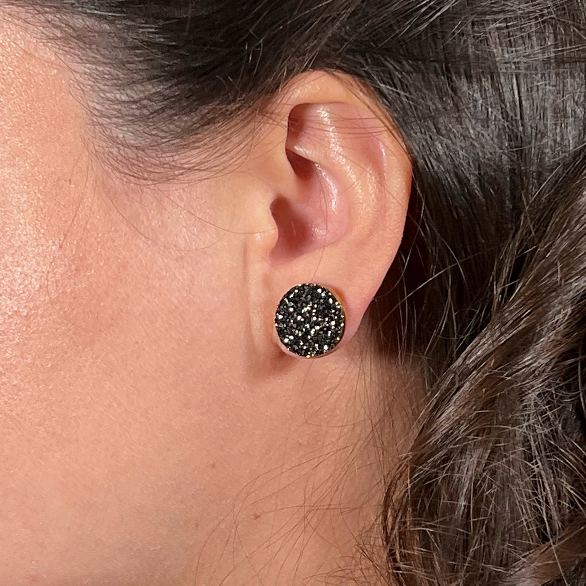 round stud earrings, epoxy resin earrings, epoxy resin stud earrings, black stud earrings, stud earrings, stainless steel earrings, hypoallergenic earrings, crystal earrings, druse earrings, druzy studs, druzy earrings, round earrings, earring gift for her, circle stud earring