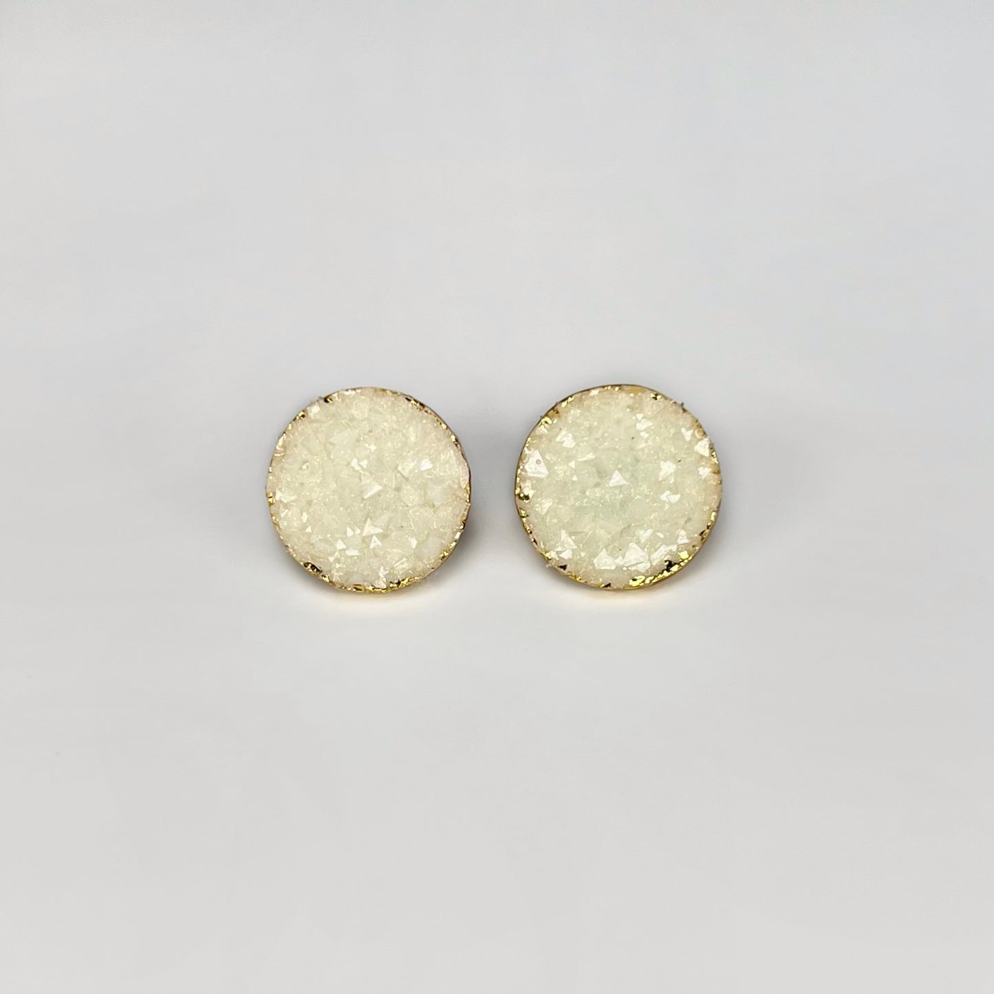 round stud earrings, epoxy resin earrings, epoxy resin stud earrings, white stud earrings, ivory stud earrings, stud earrings, stainless steel earrings, hypoallergenic earrings, crystal earrings, druse earrings, druzy studs, druzy earrings, round earrings, earring gift for her, circle stud earrings