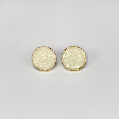 round stud earrings, epoxy resin earrings, epoxy resin stud earrings, white stud earrings, ivory stud earrings, stud earrings, stainless steel earrings, hypoallergenic earrings, crystal earrings, druse earrings, druzy studs, druzy earrings, round earrings, earring gift for her, circle stud earrings