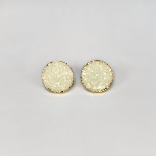 round stud earrings, epoxy resin earrings, epoxy resin stud earrings, white stud earrings, ivory stud earrings, stud earrings, stainless steel earrings, hypoallergenic earrings, crystal earrings, druse earrings, druzy studs, druzy earrings, round earrings, earring gift for her, circle stud earrings