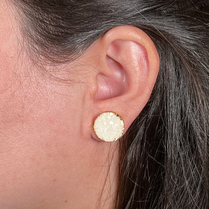 round stud earrings, epoxy resin earrings, epoxy resin stud earrings, white stud earrings, ivory stud earrings, stud earrings, stainless steel earrings, hypoallergenic earrings, crystal earrings, druse earrings, druzy studs, druzy earrings, round earrings, earring gift for her, circle stud earrings