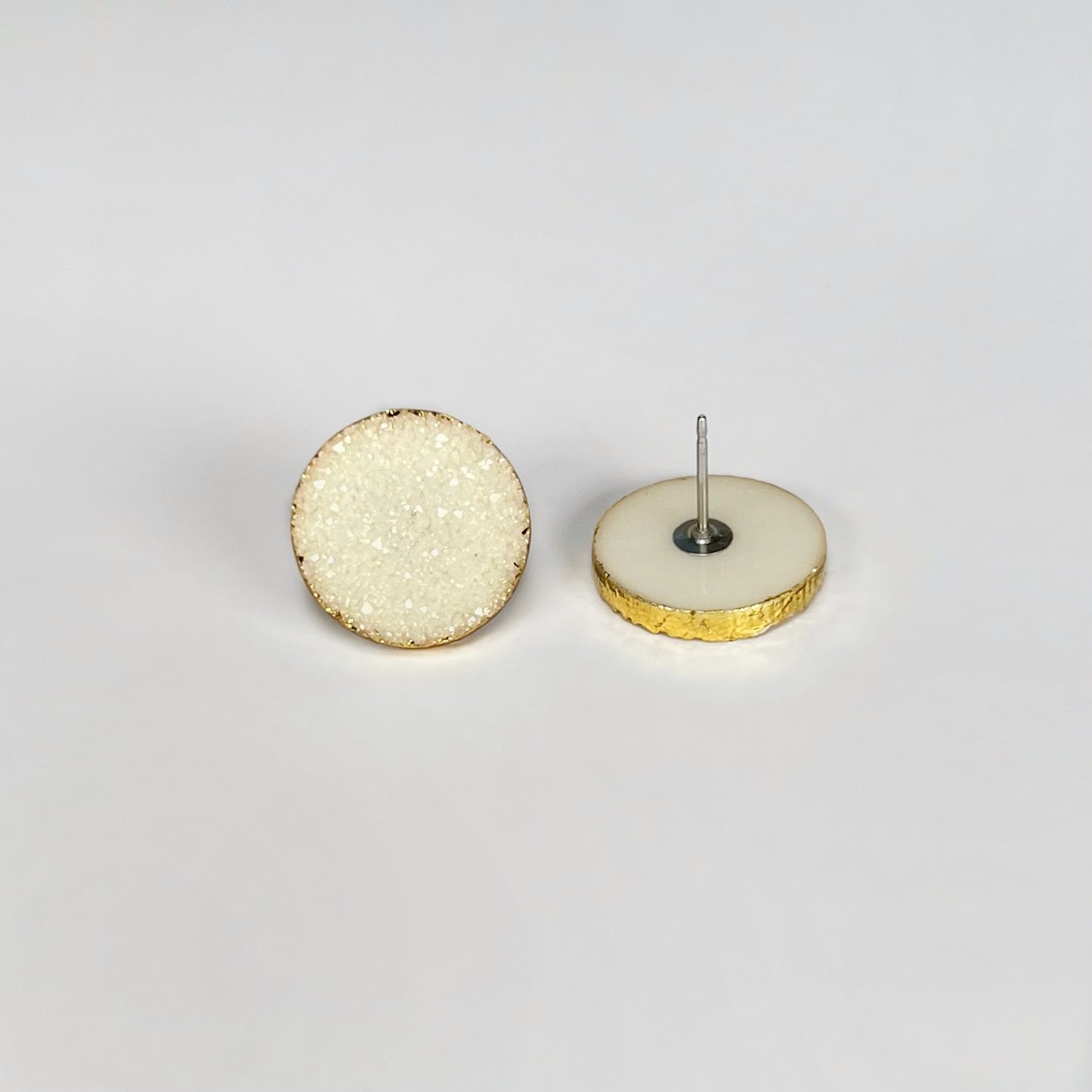 round stud earrings, epoxy resin earrings, epoxy resin stud earrings, white stud earrings, ivory stud earrings, stud earrings, stainless steel earrings, hypoallergenic earrings, crystal earrings, druse earrings, druzy studs, druzy earrings, round earrings, earring gift for her, circle stud earrings