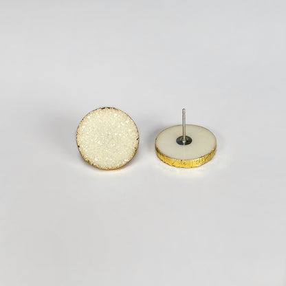 round stud earrings, epoxy resin earrings, epoxy resin stud earrings, white stud earrings, ivory stud earrings, stud earrings, stainless steel earrings, hypoallergenic earrings, crystal earrings, druse earrings, druzy studs, druzy earrings, round earrings, earring gift for her, circle stud earrings