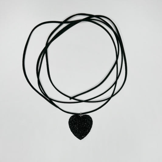 Puffy Heart Leather Black Bow Suede Cord Necklace Y2K Unisex Jewelry Choker suede necklace with heart pendant tie bow choker, Black cord y2k choker