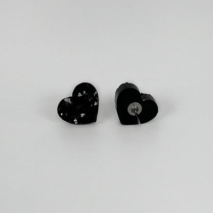 heart stud earrings, epoxy resin earrings, epoxy resin stud earrings, black stud earrings, stud earrings, stainless steel earrings, hypoallergenic earrings, crystal earrings, druse earrings, druzy studs, druzy earrings, heart earrings, earring gift for her