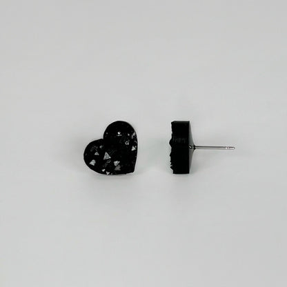 heart stud earrings, epoxy resin earrings, epoxy resin stud earrings, black stud earrings, stud earrings, stainless steel earrings, hypoallergenic earrings, crystal earrings, druse earrings, druzy studs, druzy earrings, heart earrings, earring gift for her