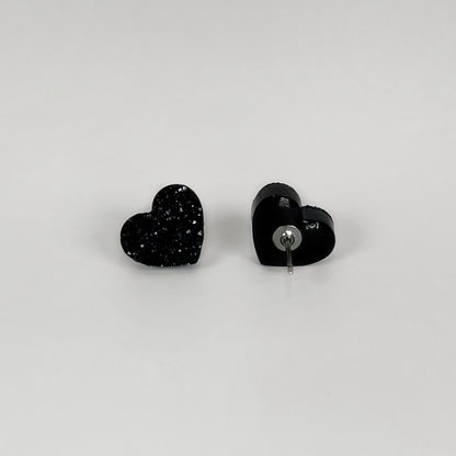 heart stud earrings, epoxy resin earrings, epoxy resin stud earrings, black stud earrings, stud earrings, stainless steel earrings, hypoallergenic earrings, crystal earrings, druse earrings, druzy studs, druzy earrings, heart earrings, earring gift for her