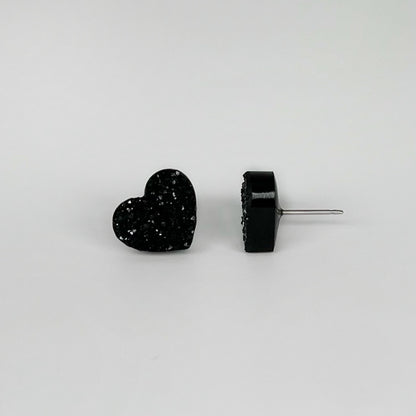 heart stud earrings, epoxy resin earrings, epoxy resin stud earrings, black stud earrings, stud earrings, stainless steel earrings, hypoallergenic earrings, crystal earrings, druse earrings, druzy studs, druzy earrings, heart earrings, earring gift for her