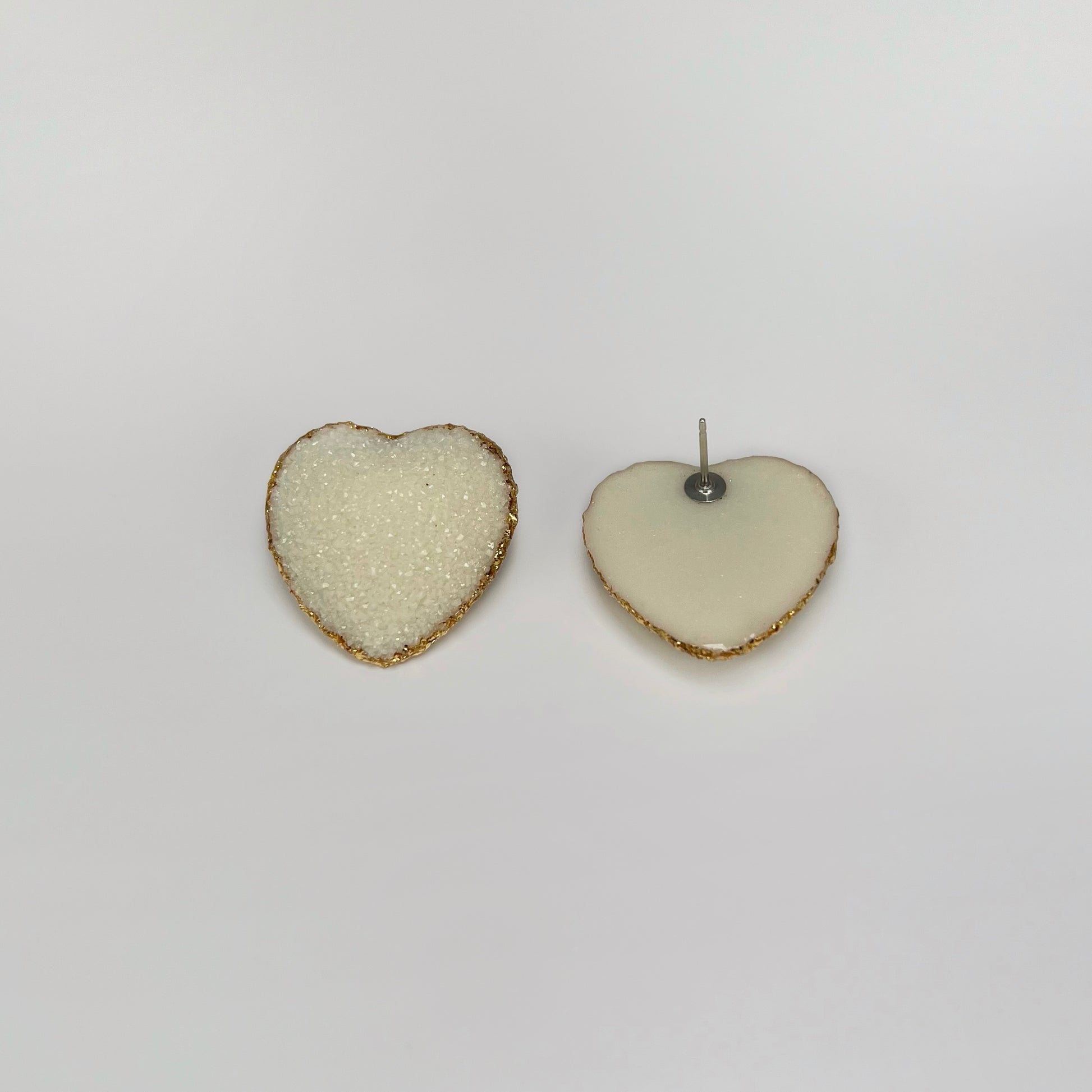 heart stud earrings, epoxy resin earrings, epoxy resin stud earrings, white stud earrings, stud earrings, ivory stud earrings, stainless steel earrings, hypoallergenic earrings, crystal earrings, druse earrings, druzy studs, druzy earrings, heart earrings, earring gift for her