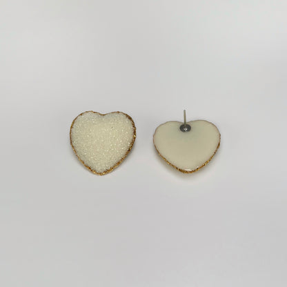 heart stud earrings, epoxy resin earrings, epoxy resin stud earrings, white stud earrings, stud earrings, ivory stud earrings, stainless steel earrings, hypoallergenic earrings, crystal earrings, druse earrings, druzy studs, druzy earrings, heart earrings, earring gift for her