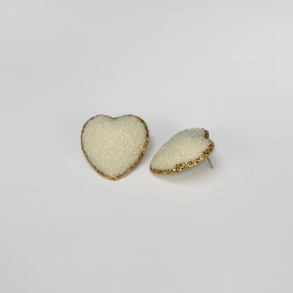 heart stud earrings, epoxy resin earrings, epoxy resin stud earrings, white stud earrings, stud earrings, ivory stud earrings, stainless steel earrings, hypoallergenic earrings, crystal earrings, druse earrings, druzy studs, druzy earrings, heart earrings, earring gift for her