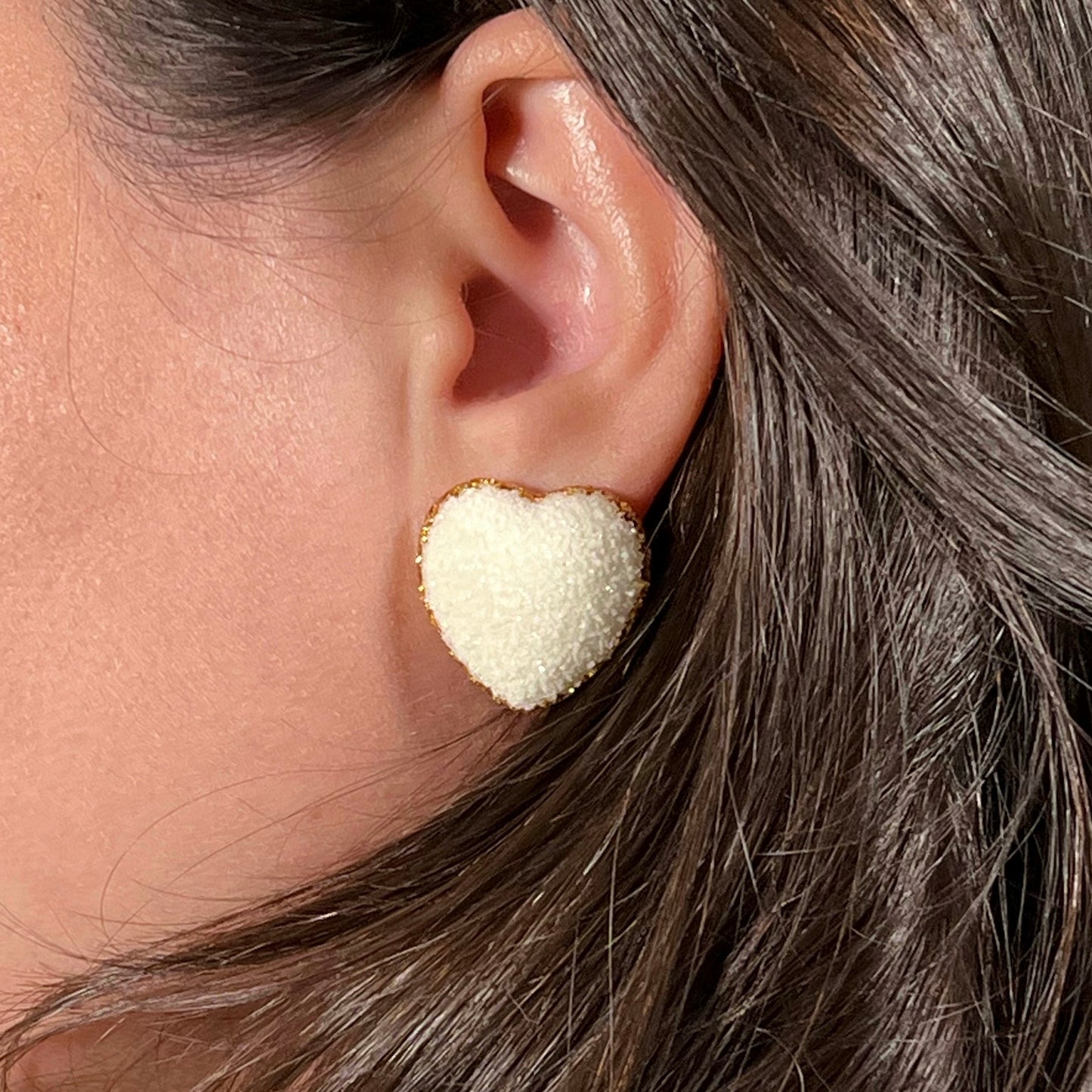 heart stud earrings, epoxy resin earrings, epoxy resin stud earrings, white stud earrings, stud earrings, ivory stud earrings, stainless steel earrings, hypoallergenic earrings, crystal earrings, druse earrings, druzy studs, druzy earrings, heart earrings, earring gift for her