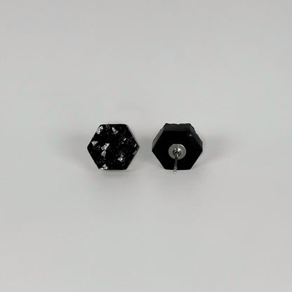 epoxy resin earrings, epoxy resin stud earrings, black stud earrings, stud earrings, stainless steel earrings, hypoallergenic earrings, crystal earrings, druse earrings, druzy studs, druzy earrings, hexagon earrings, earring gift for her