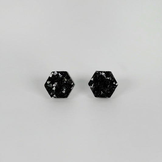 epoxy resin earrings, epoxy resin stud earrings, black stud earrings, stud earrings, stainless steel earrings, hypoallergenic earrings, crystal earrings, druse earrings, druzy studs, druzy earrings, hexagon earrings, earring gift for her