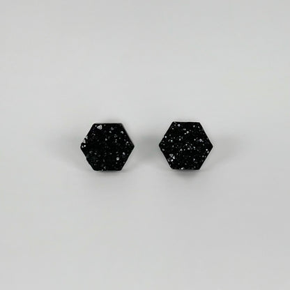 epoxy resin earrings, epoxy resin stud earrings, black stud earrings, stud earrings, stainless steel earrings, hypoallergenic earrings, crystal earrings, druse earrings, druzy studs, druzy earrings, hexagon earrings, earring gift for her