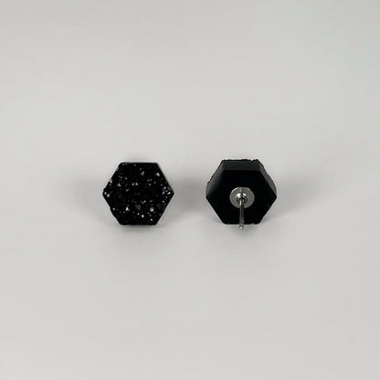 epoxy resin earrings, epoxy resin stud earrings, black stud earrings, stud earrings, stainless steel earrings, hypoallergenic earrings, crystal earrings, druse earrings, druzy studs, druzy earrings, hexagon earrings, earring gift for her