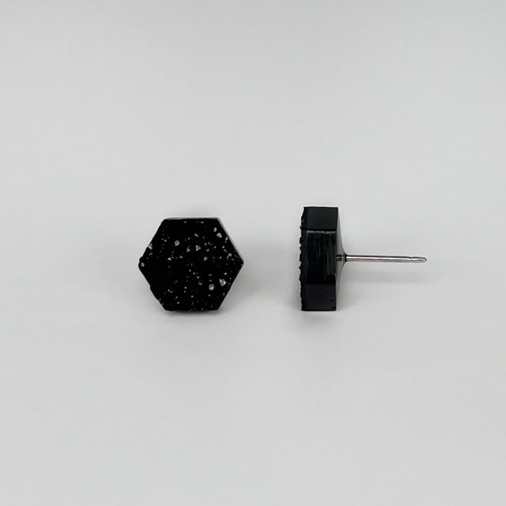 epoxy resin earrings, epoxy resin stud earrings, black stud earrings, stud earrings, stainless steel earrings, hypoallergenic earrings, crystal earrings, druse earrings, druzy studs, druzy earrings, hexagon earrings, earring gift for her