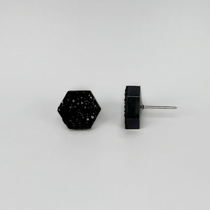 epoxy resin earrings, epoxy resin stud earrings, black stud earrings, stud earrings, stainless steel earrings, hypoallergenic earrings, crystal earrings, druse earrings, druzy studs, druzy earrings, hexagon earrings, earring gift for her