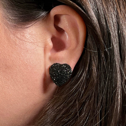heart stud earrings, epoxy resin earrings, epoxy resin stud earrings, black stud earrings, stud earrings, stainless steel earrings, hypoallergenic earrings, crystal earrings, druse earrings, druzy studs, druzy earrings, heart earrings, earring gift for her