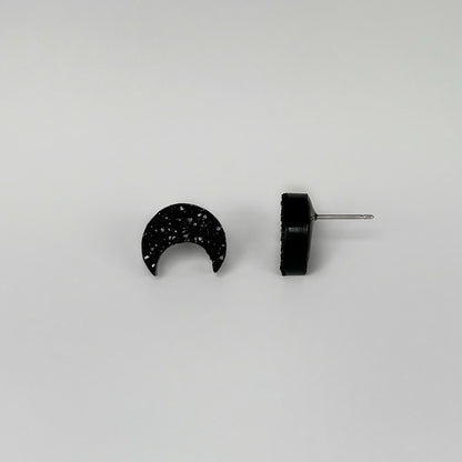 epoxy resin earrings, epoxy resin stud earrings, black stud earrings, stud earrings, stainless steel earrings, hypoallergenic earrings, hypoallergenic jewelry, crystal earrings, druse earrings, druzy studs, druzy earrings, moon earrings, earring gift for her, moon stud earrings