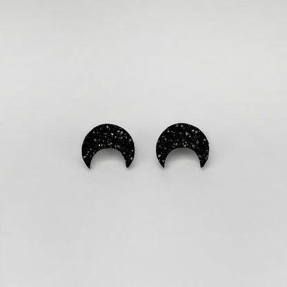 epoxy resin earrings, epoxy resin stud earrings, black stud earrings, stud earrings, stainless steel earrings, hypoallergenic earrings, hypoallergenic jewelry, crystal earrings, druse earrings, druzy studs, druzy earrings, moon earrings, earring gift for her, moon stud earrings