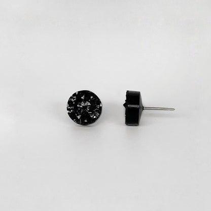 round stud earrings, epoxy resin earrings, epoxy resin stud earrings, black stud earrings, stud earrings, stainless steel earrings, hypoallergenic earrings, crystal earrings, druse earrings, druzy studs, druzy earrings, round earrings, earring gift for her, circle stud earrings