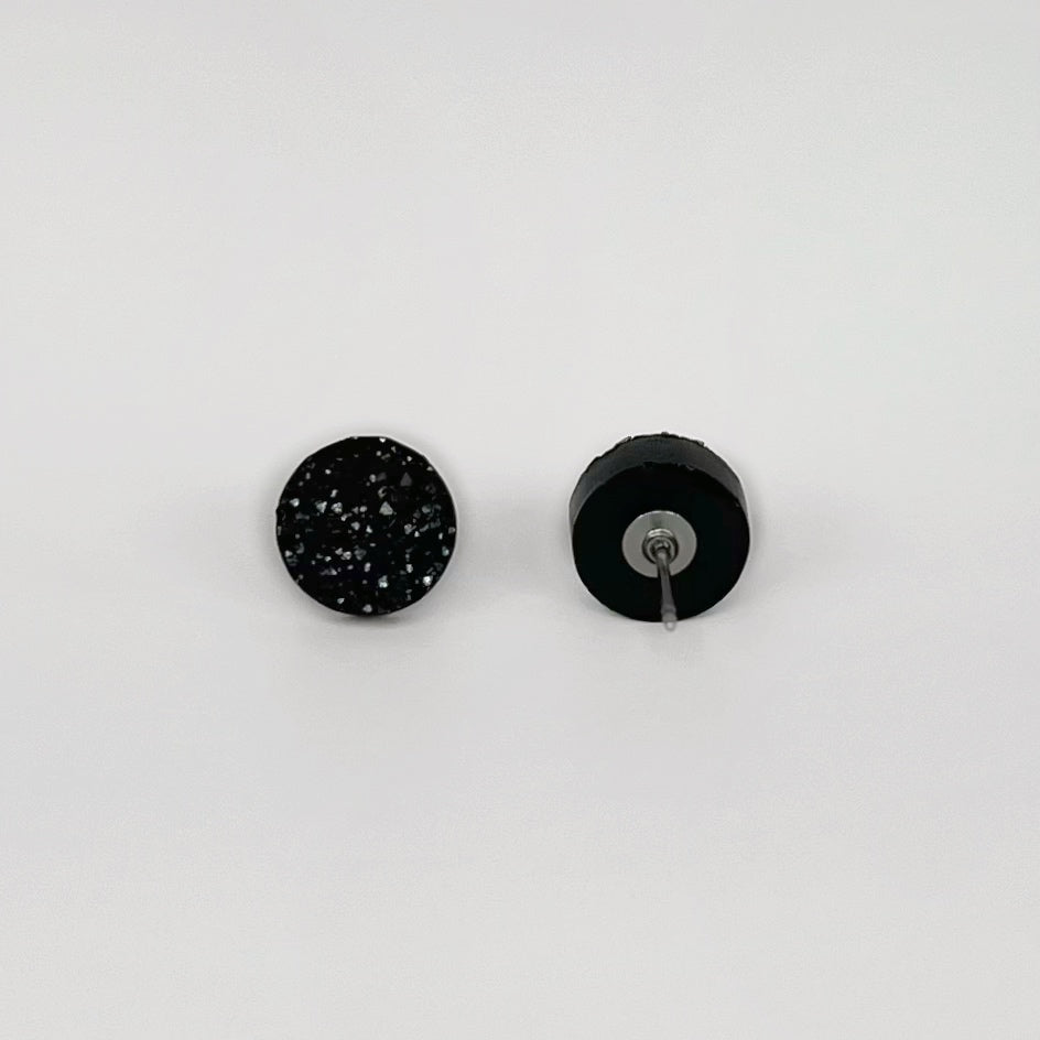 round stud earrings, epoxy resin earrings, epoxy resin stud earrings, black stud earrings, stud earrings, stainless steel earrings, hypoallergenic earrings, crystal earrings, druse earrings, druzy studs, druzy earrings, round earrings, earring gift for her, circle stud earrings