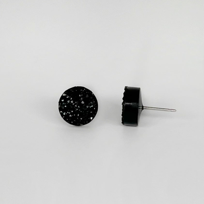 round stud earrings, epoxy resin earrings, epoxy resin stud earrings, black stud earrings, stud earrings, stainless steel earrings, hypoallergenic earrings, crystal earrings, druse earrings, druzy studs, druzy earrings, round earrings, earring gift for her, circle stud earrings