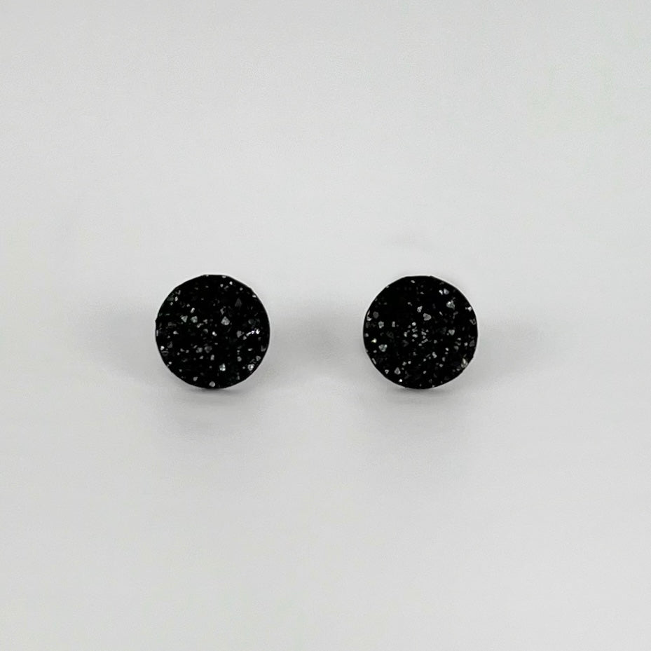 round stud earrings, epoxy resin earrings, epoxy resin stud earrings, black stud earrings, stud earrings, stainless steel earrings, hypoallergenic earrings, crystal earrings, druse earrings, druzy studs, druzy earrings, round earrings, earring gift for her, circle stud earrings