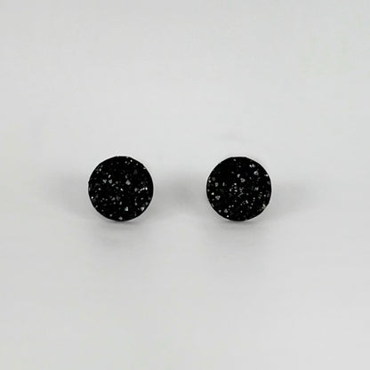 round stud earrings, epoxy resin earrings, epoxy resin stud earrings, black stud earrings, stud earrings, stainless steel earrings, hypoallergenic earrings, crystal earrings, druse earrings, druzy studs, druzy earrings, round earrings, earring gift for her, circle stud earrings