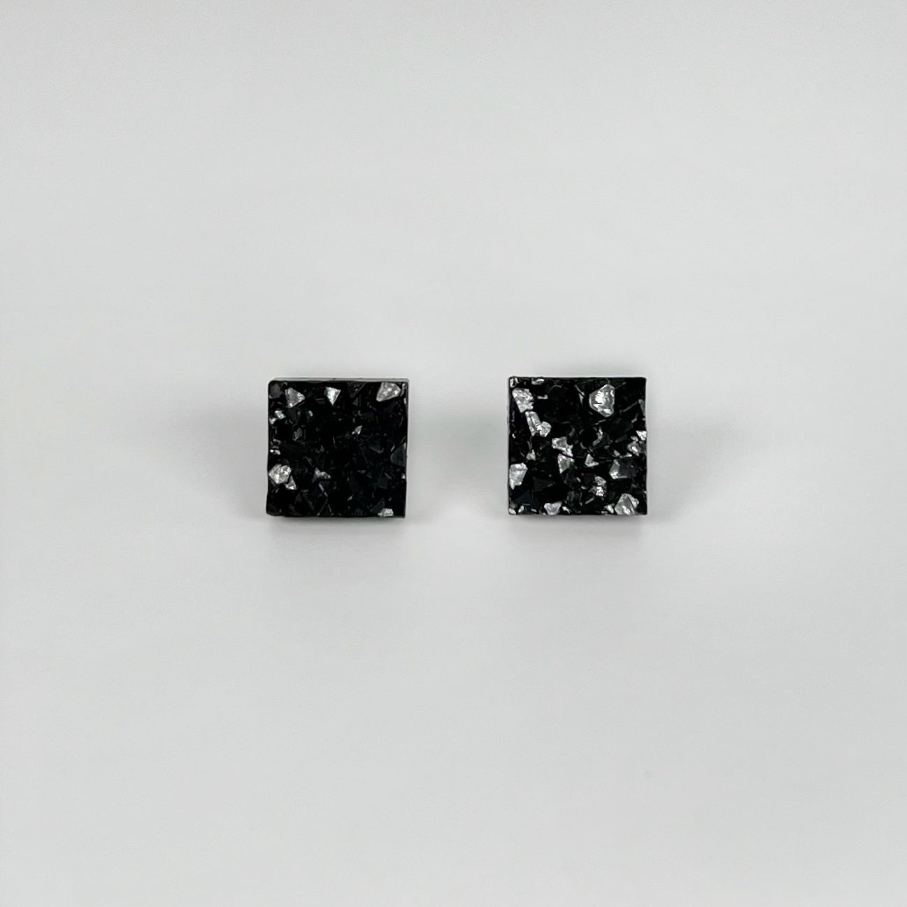 epoxy resin earrings, epoxy resin stud earrings, black stud earrings, stud earrings, stainless steel earrings, hypoallergenic earrings, crystal earrings, druse earrings, druzy studs, druzy earrings, square earrings, earring gift for her