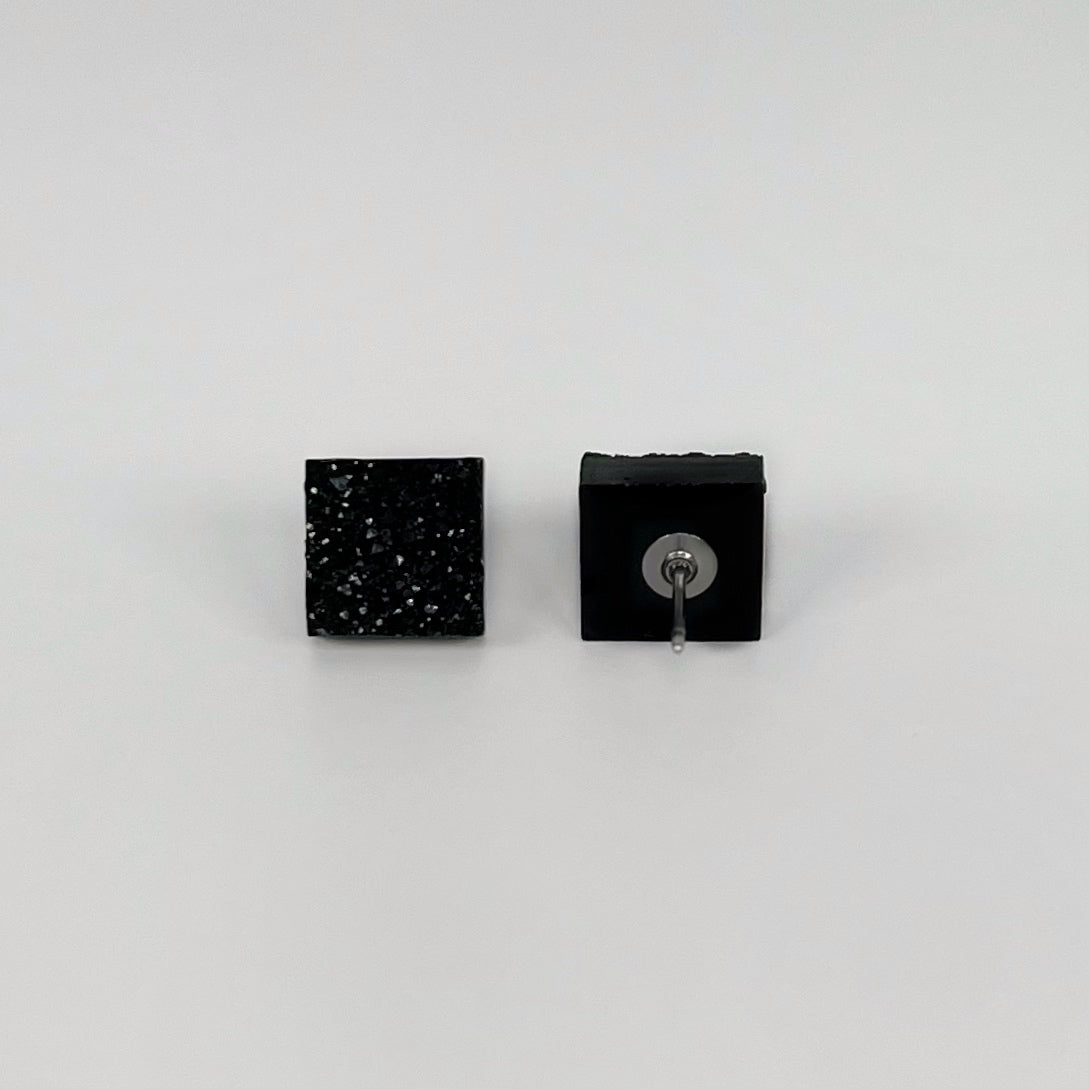 epoxy resin earrings, epoxy resin stud earrings, black stud earrings, stud earrings, stainless steel earrings, hypoallergenic earrings, crystal earrings, druse earrings, druzy studs, druzy earrings, square earrings, earring gift for her