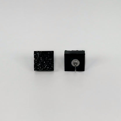 epoxy resin earrings, epoxy resin stud earrings, black stud earrings, stud earrings, stainless steel earrings, hypoallergenic earrings, crystal earrings, druse earrings, druzy studs, druzy earrings, square earrings, earring gift for her