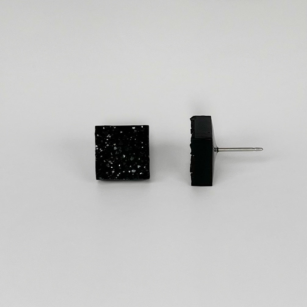 epoxy resin earrings, epoxy resin stud earrings, black stud earrings, stud earrings, stainless steel earrings, hypoallergenic earrings, crystal earrings, druse earrings, druzy studs, druzy earrings, square earrings, earring gift for her