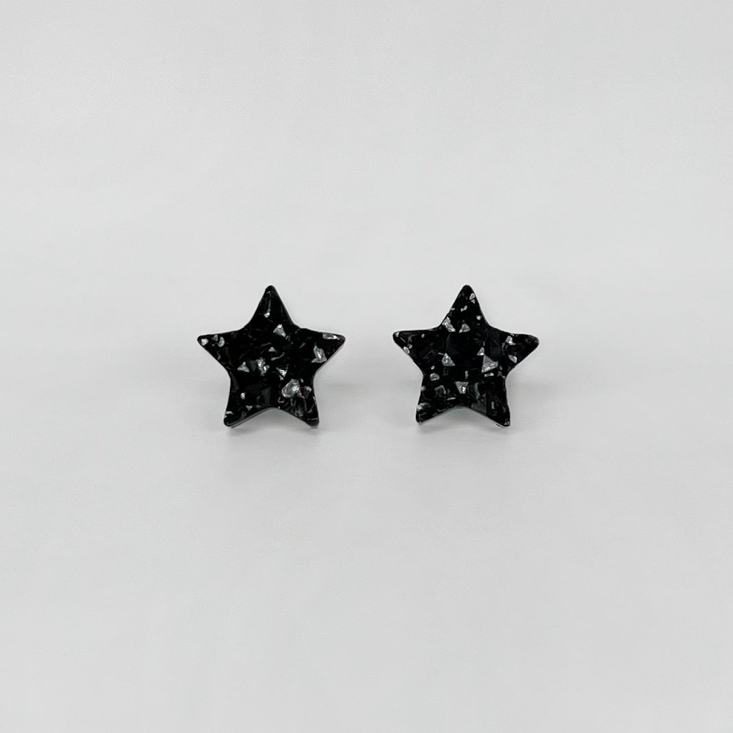 star stud earrings, epoxy resin earrings, epoxy resin stud earrings, black stud earrings, stud earrings, stainless steel earrings, hypoallergenic earrings, hypoallergenic jewelry, crystal earrings, druse earrings, druzy studs, druzy earrings, star earrings, earring gift for her