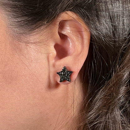 star stud earrings, epoxy resin earrings, epoxy resin stud earrings, black stud earrings, stud earrings, stainless steel earrings, hypoallergenic earrings, hypoallergenic jewelry, crystal earrings, druse earrings, druzy studs, druzy earrings, star earrings, earring gift for her